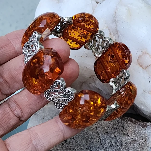Bracelet Resin Amber Honey Cognac Tone Silver Stretchy Lithuanian Ethnic - Picture 3 of 13